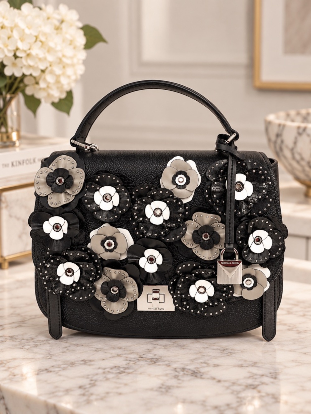Michael Kors Cassie Floral Applique Black Leather Large Satchel Crossbody Bag